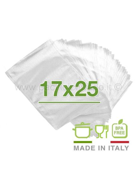 100 Buste sottovuoto 17x25 cm per alimenti goffrate 105 micron