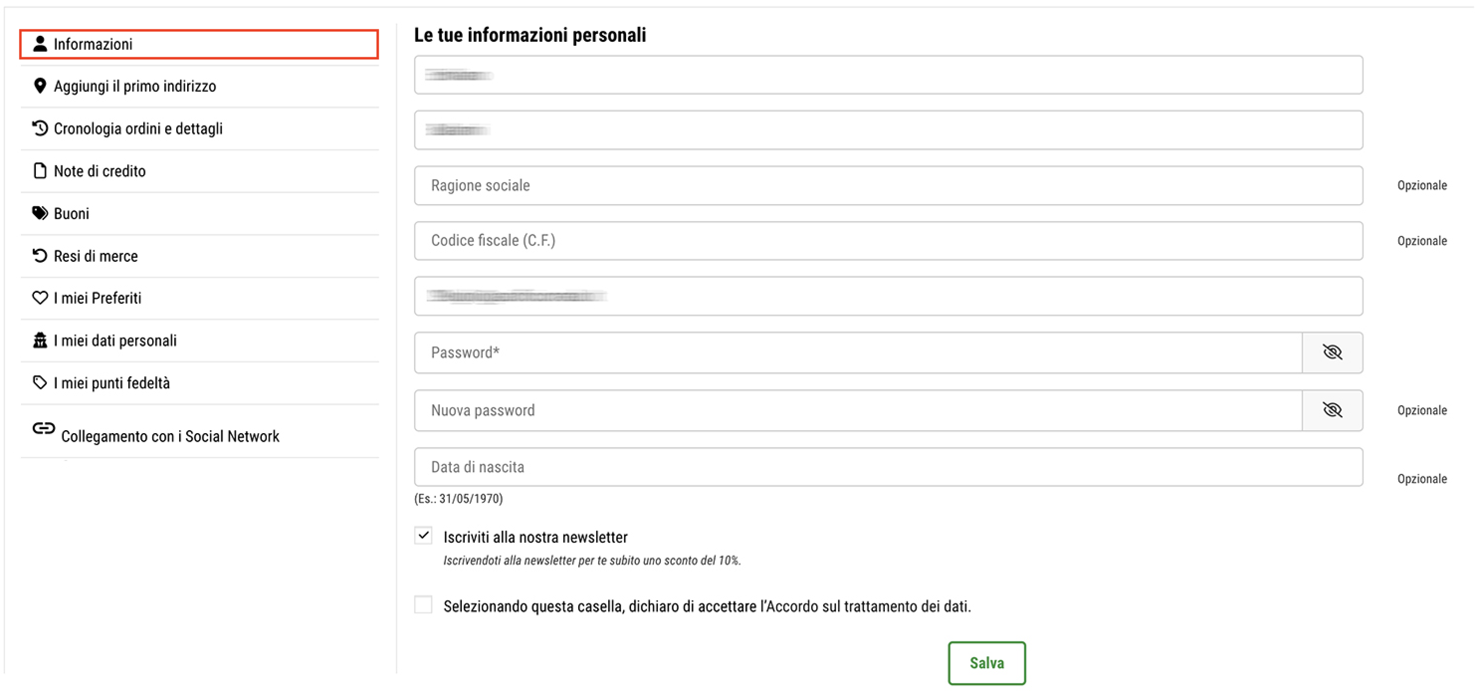 informazioni account utente