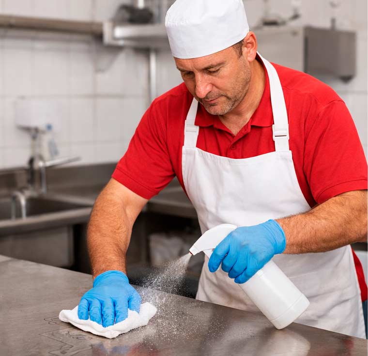 operatore che disinfetta il banco macelleria con l'amuchina