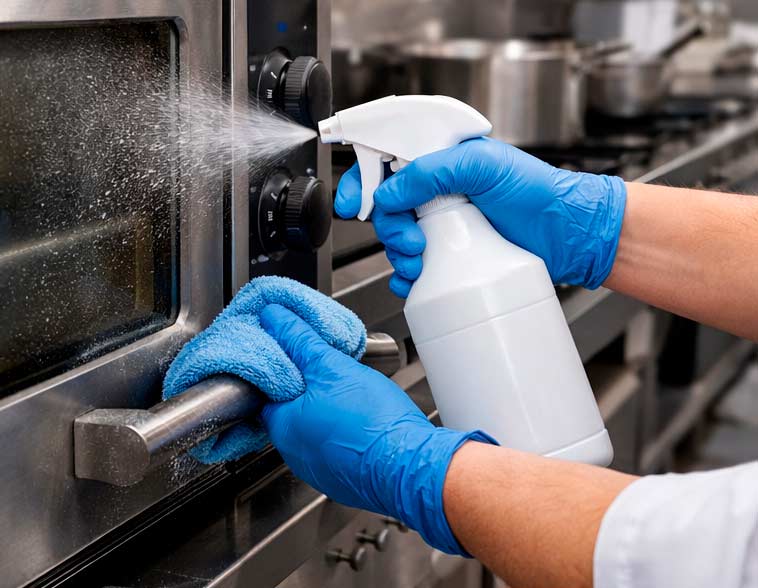operatore che disinfetta e igienizza il forno nel proprio laboratorio